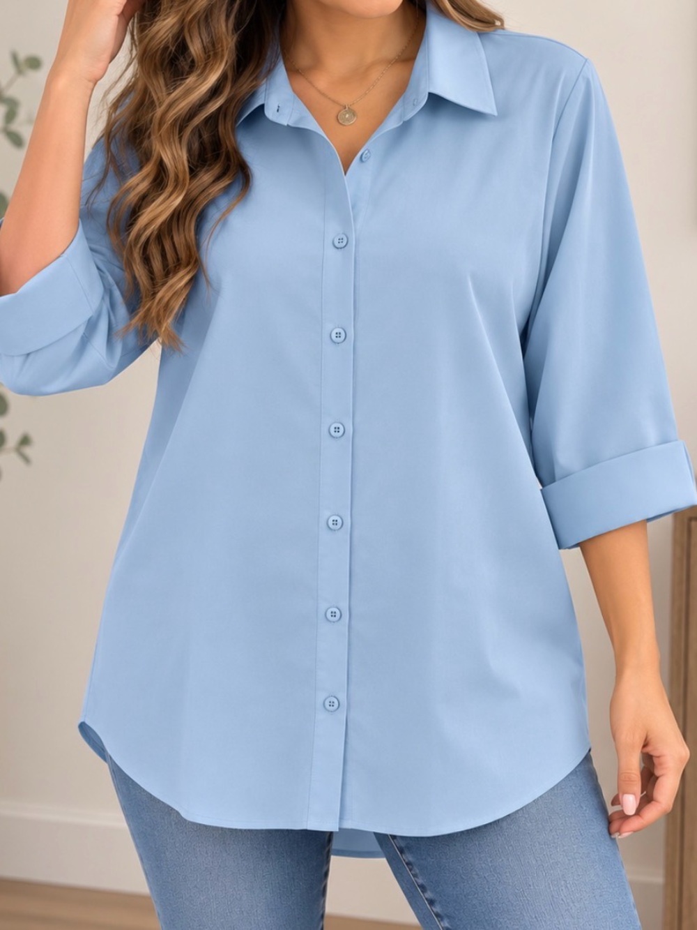 Women's Light Blue Button-Down Shirt with Roll Cuff Sleeves